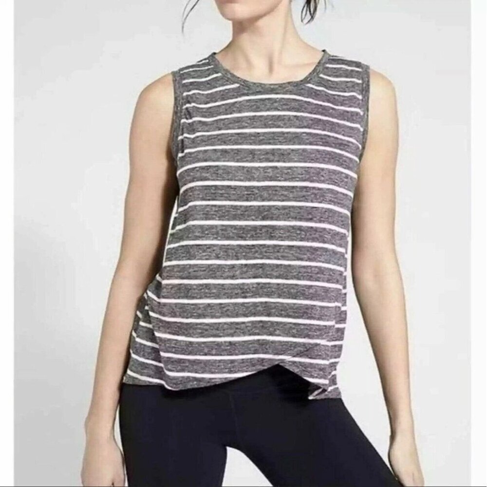 Athleta Stripe LINEN Criss Cross Tank Tulip Hem Grey Heather Sz M NWT Sleeveless